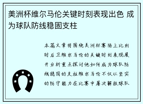 美洲杯维尔马伦关键时刻表现出色 成为球队防线稳固支柱