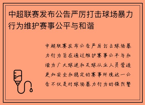 中超联赛发布公告严厉打击球场暴力行为维护赛事公平与和谐 中超联赛发布公告严厉打击球场暴力行为维护赛事公平与和谐