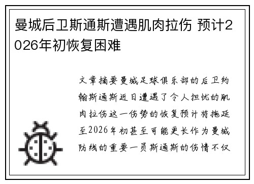 曼城后卫斯通斯遭遇肌肉拉伤 预计2026年初恢复困难